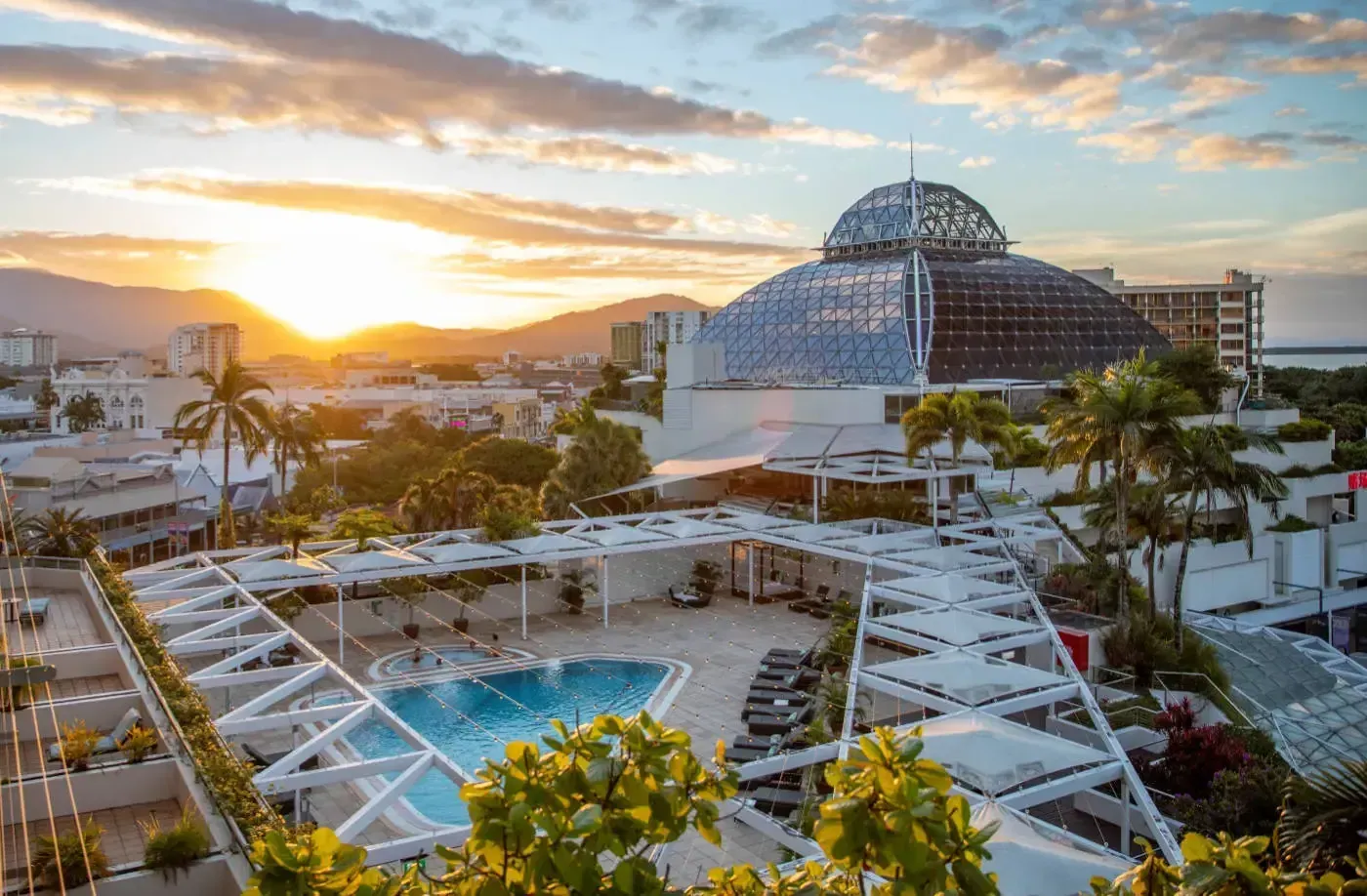 Pullman Reef Hotel Casino in Cairns at sunset after external repainting